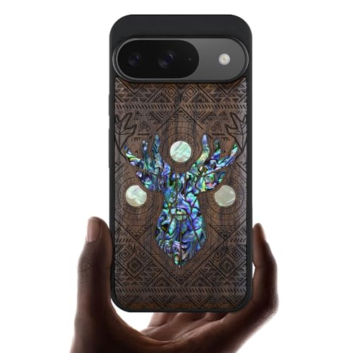 Carveit Holz Magnetisch Handyhülle für Google Pixel 9 hülle [Holzgravur & Muschel Inlay] Stoßstange Cover kompatibel Magsafe mit Pixel 9 Case（Nussbaum-Aztekische geometrische Hirsche） von Carveit