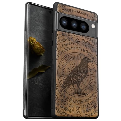 Carveit Hülle für Google Pixel 8 Pro handyhülle aus Holz Cover, Stoßstange Stoßfeste Weich TPU Case, Handyhulle Kompatibel mit Pixel 8 Pro Hulle（Nussbaum-Hexerei Rabe） von Carveit