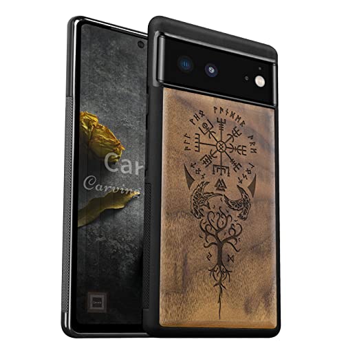 Carveit Hülle für Pixel 6 Case [Holz und TPU Silikon Hybrid Handyhülle] Stoßfeste Stoßstange handyhülle Kompatibel mit Google Pixel 6 Holz Cover（Nussbaum-Wikingerkompass Vegvisir） von Carveit