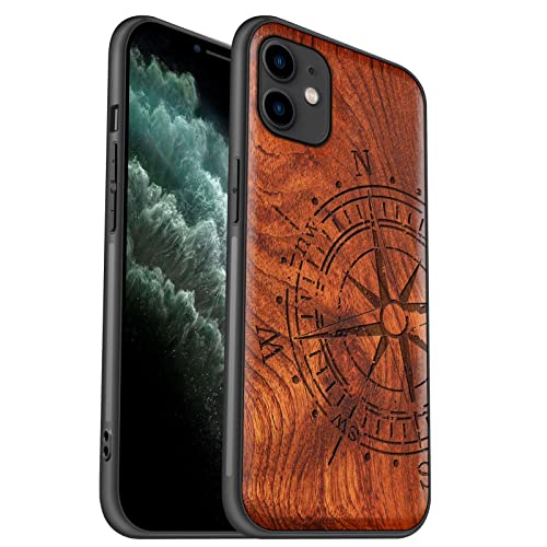 Carveit Hülle für iPhone 11 [Elegante Rosenholz] [Weich TPU Stoßstange] Stoßfeste Handyhülle Kompatibel mit 11 Hülle Holz （Vintage Kompass） von Carveit