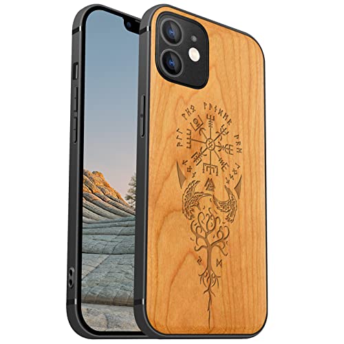 Carveit Magnetisch Hülle für iPhone 12 [Elegante Kirschholz] [Weich TPU Stoßstange] Stoßfeste Handyhülle Kompatibel mit 12 Magsafe Hülle Holz （Wikingerkompass Vegvisir） von Carveit