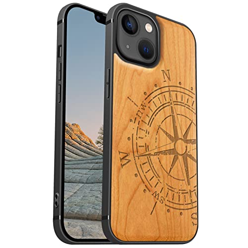Carveit Magnetisch Hülle für iPhone 13 [Elegante Kirschholz] [Weich TPU Stoßstange] Stoßfeste Handyhülle Kompatibel mit 13 Magsafe Hülle Holz （Vintage Kompass） von Carveit