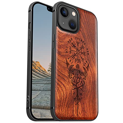 Carveit Magnetisch Hülle für iPhone 13 [Elegante Rosenholz] [Weich TPU Stoßstange] Stoßfeste Handyhülle Kompatibel mit 13 Magsafe Hülle Holz （Wikingerkompass Vegvisir） von Carveit