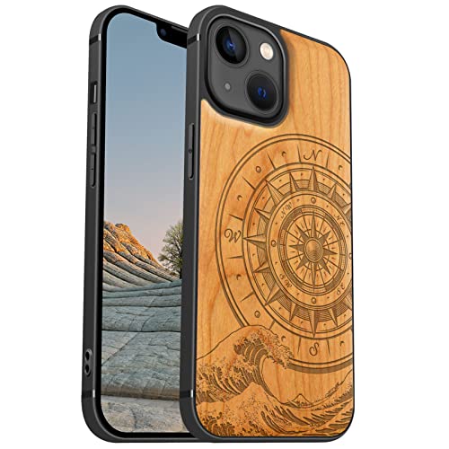 Carveit Magnetisch Hülle für iPhone 13 Mini [Elegante Kirschholz] [Weich TPU Stoßstange] Stoßfeste Handyhülle Kompatibel mit 13mini Magsafe Hülle Holz （Der Kompass vor Kanagawa Waves） von Carveit
