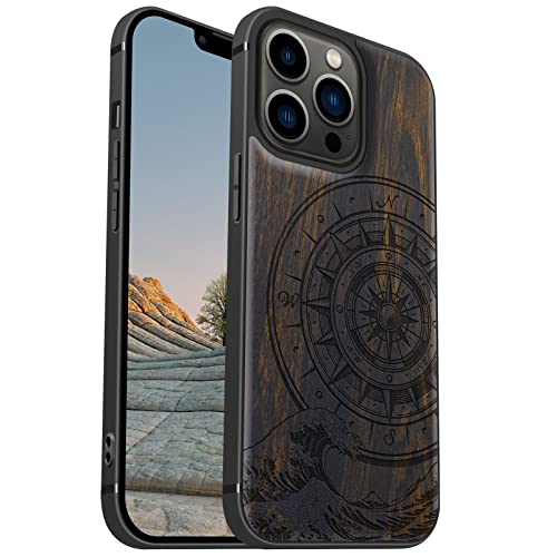 Carveit Magnetisch Hülle für iPhone 13 Pro Case [Elegante Schwarzholz] [Weich TPU Stoßstange] Stoßfeste Handyhülle Kompatibel mit 13Pro Magsafe Hülle Holz （Der Kompass vor Kanagawa Waves） von Carveit