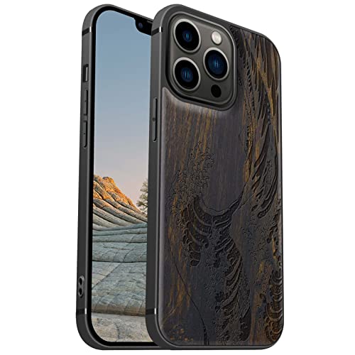 Carveit Magnetisch Hülle für iPhone 13 Pro Case [Elegante Schwarzholz] [Weich TPU Stoßstange] Stoßfeste Handyhülle Kompatibel mit 13Pro Magsafe Hülle Holz （Die große Welle vor Kanagawa） von Carveit
