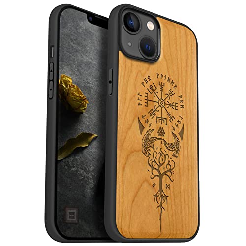 Carveit Magnetisch Hülle für iPhone 14 Plus [Elegante Kirschholz] [Weich TPU Stoßstange] Stoßfeste Handyhülle Kompatibel mit 14 Plus Magsafe Hülle Holz（Wikingerkompass Vegvisir） von Carveit