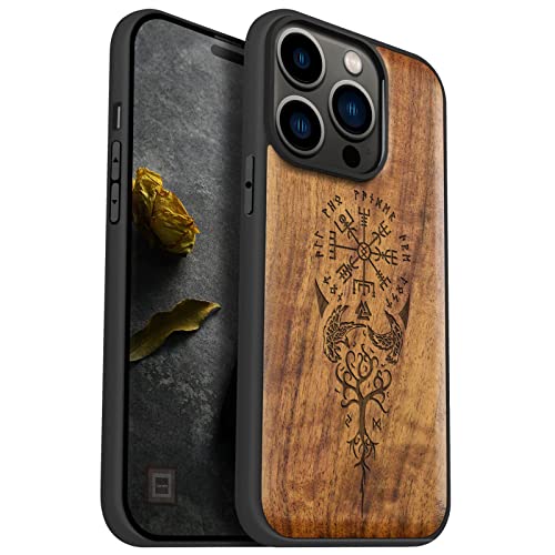 Carveit Magnetisch Hülle für iPhone 14 Pro Case [Elegante Nussbaum] [Weich TPU Stoßstange] Stoßfeste Handyhülle Kompatibel Magsafe mit 14Pro Hülle Holz（Wikingerkompass Vegvisir） von Carveit