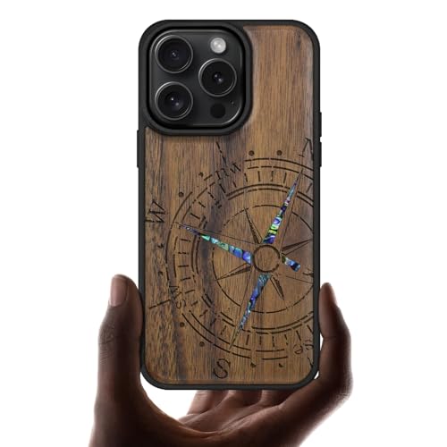 Carveit Magnetisch Hülle für iPhone 16 Pro Case [Holzgravur & Muschel Inlay] Handyhülle Kompatibel Magsafe mit Apple 16 Pro Cover Holz（Nussbaum-Kompass） von Carveit