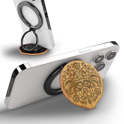 Carveit Magnetischer Handy Ring Holzdesign Halterung, 360° Drehbarer Handy Griff für MagSafe, Fingerhalter kompatibel iPhone15 Plus/14 Pro Max/13mini, (Kirschholz-Polnische Blumenhähne) von Carveit