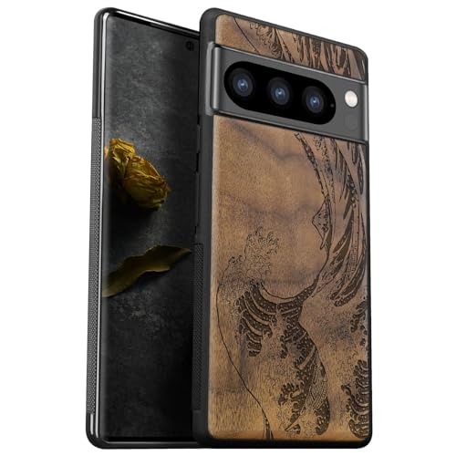 Carveit Natürlich Holz Handyhülle für Pixel 8 Pro hulle [Einzigartiges Design Cover] Stoßstange Case Kompatibel mit Google Pixel 8 Pro Hülle（Nussbaum-Die große Welle vor Kanagawa） von Carveit