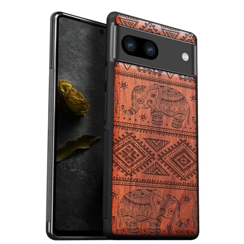 Carveit Natürlich Holz Handyhülle für Pixel 8 hulle [Einzigartiges Design Cover] Stoßstange Case Kompatibel mit Google Pixel 8 Hülle（Rosig-Elefant dekoratives Muster） von Carveit