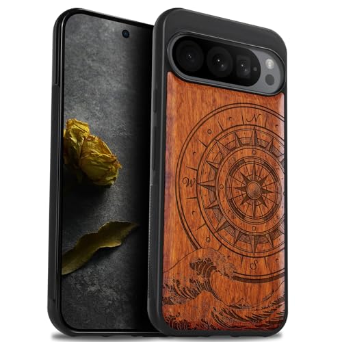 Carveit Natürlich Holz Handyhülle für Pixel 9 Pro XL hulle [Einzigartiges Design Cover] Stoßstange Case Kompatibel mit Google Pixel 9 Pro XL Hülle（Rosig-Der Kompass vor Kanagawa Waves） von Carveit