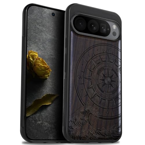 Carveit Natürlich Holz Handyhülle für Pixel 9 Pro hulle [Einzigartiges Design Cover] Stoßstange Case Kompatibel mit Google Pixel 9 Pro Hülle（Dunklesholz-Der Kompass vor Kanagawa Waves） von Carveit