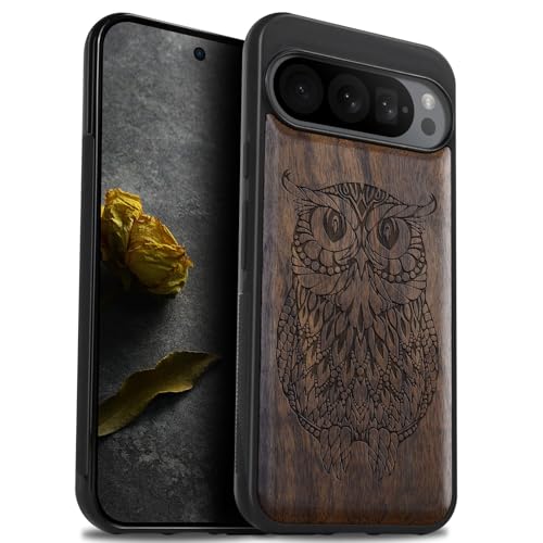 Carveit Natürlich Holz Handyhülle für Pixel 9 Pro hulle [Einzigartiges Design Cover] Stoßstange Case Kompatibel mit Google Pixel 9 Pro Hülle（Nussbaum-Mandala-Eule） von Carveit