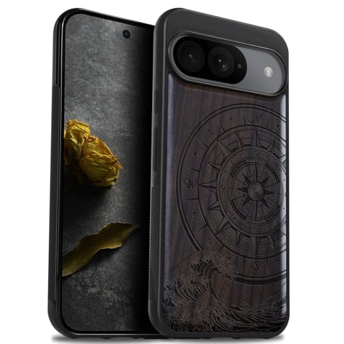 Carveit Natürlich Holz Handyhülle für Pixel 9 hulle [Einzigartiges Design Cover] Stoßstange Case Kompatibel mit Google Pixel 9 Hülle（Dunklesholz-Der Kompass vor Kanagawa Waves） von Carveit