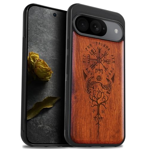 Carveit Natürlich Holz Handyhülle für Pixel 9 hulle [Einzigartiges Design Cover] Stoßstange Case Kompatibel mit Google Pixel 9 Hülle（Rosig-Wikingerkompass Vegvisir） von Carveit
