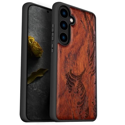 Carveit Natürlich Holz Handyhülle für Samsung S24 hulle [Einzigartiges Design Cover] Stoßstange Case Kompatibel mit Galaxy S24 Hülle（Rosig-Die große Welle vor Kanagawa） von Carveit