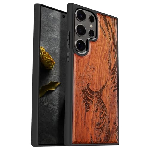 Carveit Natürlich Holz Handyhülle für Samsung S25 Ultra hulle [Einzigartiges Design Cover] Stoßstange Case Kompatibel mit Galaxy S25 Ultra Hülle（Rosig-Die große Welle vor Kanagawa） von Carveit