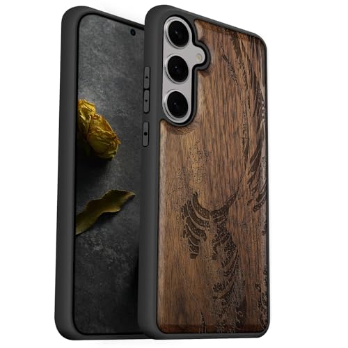 Carveit Natürlich Holz Handyhülle für Samsung S25 hulle [Einzigartiges Design Cover] Stoßstange Case Kompatibel mit Galaxy S25 Hülle（Nussbaum-Die große Welle vor Kanagawa） von Carveit