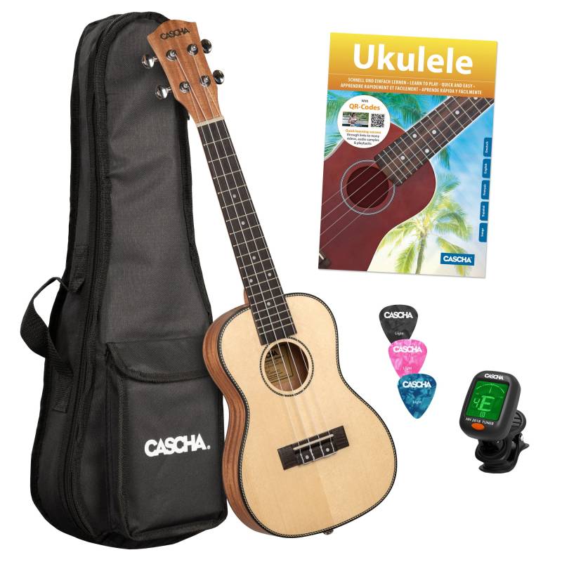 Cascha HH 2152 NL Concert Ukulele with Solid Spruce Soundboard + Gig Bag, Tuner, Book von Cascha