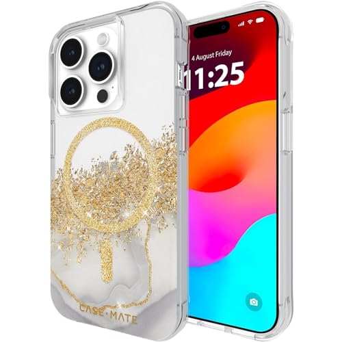 Case-Mate Karat Marble Mag-Safe Schutzhülle kompatibel mit Apple iPhone 15 Pro Hülle Gold (Stoßfest, Echtes 24 Karat Blattgold, 3 m Fallschutz, Recyceltes Material) - Marmor/Transparent von Case-Mate