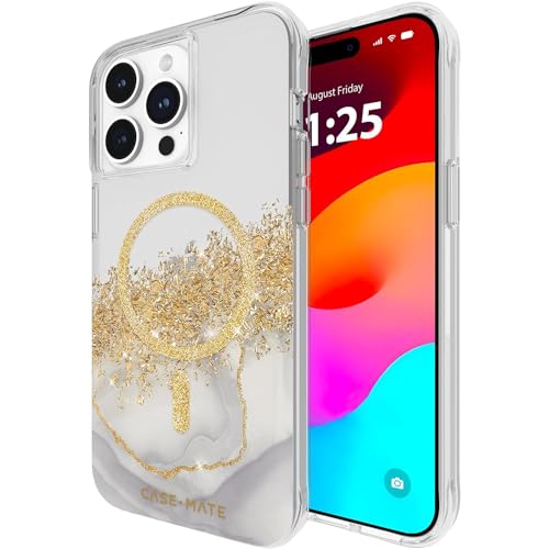 Case-Mate Karat Marble Mag-Safe Schutzhülle kompatibel mit Apple iPhone 15 Pro Max Hülle Gold (Stoßfest, Echtes 24 Karat Blattgold, 3 m Fallschutz, Recyceltes Material) - Marmor/Transparent von Case-Mate