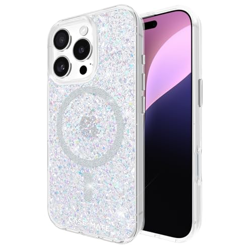 Case-Mate Twinkle Mag-Safe Schutzhülle kompatibel mit Apple iPhone 16 Pro Hülle Glitzer (3,6 m Fallschutz, Recyceltes Material, Integrierter Mag-Safe-Ring, Schillernd)- Stardust/Silber von Case-Mate