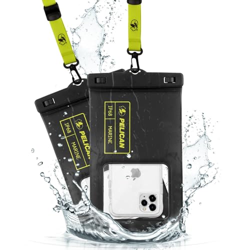 Pelican Marine - IP68 wasserdichte Handytasche/Hülle (Größe XL) Schwimmende wasserdichte Handyhülle für iPhone 14 Pro Max/ 13 Pro Max/ 12 Pro Max/ S23 - Unterwasser Handyhülle 2er Pack-Schwarz/Gelb von Pelican