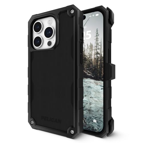 Pelican Shield Black Hülle für iPhone 15 Pro Max 6.7" [Kompatibel mit Mag Safe] [21FT Military Grade Drop Protection] Robuste magnetisch aufladbare Handyhülle mit Gürtelclip Holster Kickstand -Schwarz von Case-Mate