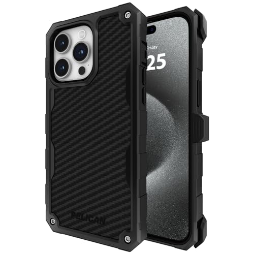 Pelican Shield Carbon Series Hülle für iPhone 15 Pro Max 6.7" [Kompatibel mit Mag Safe] [21FT Military Grade Drop Protection] Magnetisch aufladbare Handyhülle mit Gürtelclip Holster Kickstand -Schwarz von Pelican