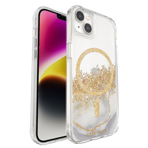 case-mate Karat Marble MagSafe Schutzhülle kompatibel mit Apple iPhone 14 Hülle Gold [Stoßfest | Echtes 24 Karat Blattgold | 3 m Fallschutz | Recyceltes Material] - Marmor/Transparent von Case-Mate