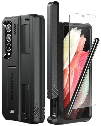 CaseBorne V Kompatibel mit Samsung Galaxy Z Fold 4 Case - Vollschutzhülle mit Semi-Auto Scharnier-Cover, integriertem Kickstand, S-Pen Halterung Und Bildschirmschutz aus gehärtetem Glas (Schwarz) von CaseBorne