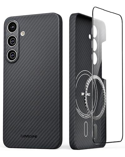 Thinborne Kompatibel mit Samsung Galaxy S24 Hülle, [Hergestellt aus 600D Aramid-Faser] [Magnetisches Laden] [Dünn & Leicht] [Schlanker minimalistischer Stil mit Carbonfaser-Texturen] - Schwarz von CaseBorne