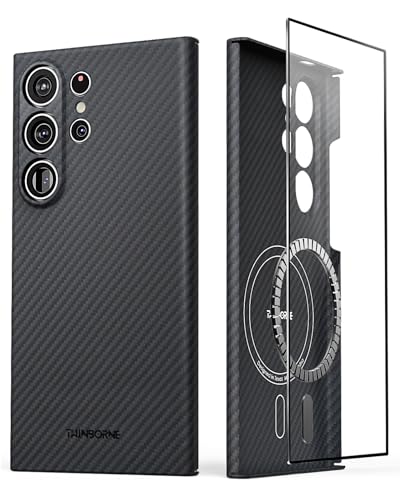 Thinborne Kompatibel mit Samsung Galaxy S24 Ultra Hülle, [Hergestellt aus 600D Aramid-Faser] [Magnetisches Laden] [Dünn & Leicht] [Schlanker minimalistischer Stil mit Carbonfaser-Texturen] - Schwarz von CaseBorne