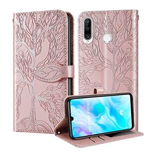 CaseFun Huawei P30 Lite Hülle, P30 Lite Brieftasche, P30 Lite New Edition Smartphone Life Tree Höhlenmuster Leder Handyhüllen Abdeckung mit Flip Stand/Magnetverschluss und Karten Tasche Roségold von CaseFun