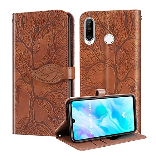 CaseFun Huawei P30 Lite Hülle, P30 Lite Brieftasche, P30 Lite New Edition Smartphone Life Tree Höhlenmuster Leder Handyhüllen Abdeckung mit Flip Stand/Magnetverschluss und Karten Tasche braun von CaseFun