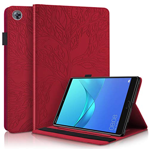 CaseFun Hülle für Huawei MediaPad M5 /M5 Pro 10.8 Zoll 2018 Baum des Lebens Ultra Slim TPU Schutzhülle Tasche Folio Flip Stand Cover mit Kartenfächern, Rot von CaseFun