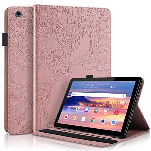 CaseFun Hülle für Huawei Mediapad T5 10 Baum des Lebens Ultra Slim TPU Schutzhülle Tasche Folio Flip Stand Cover mit Kartenfächern, Roségold von CaseFun