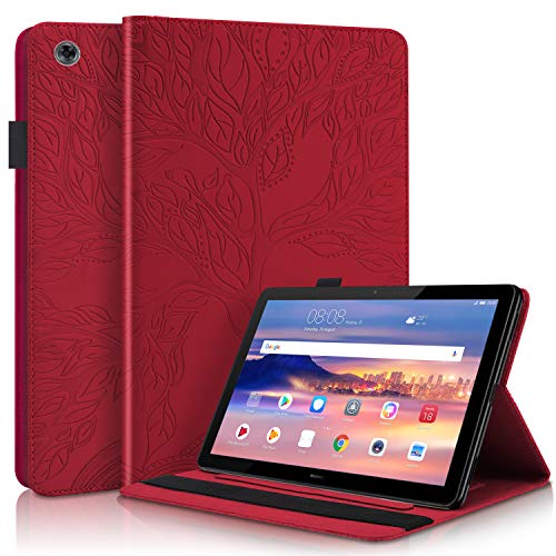 CaseFun Hülle für Huawei Mediapad T5 10 Baum des Lebens Ultra Slim TPU Schutzhülle Tasche Folio Flip Stand Cover mit Kartenfächern, Rot von CaseFun