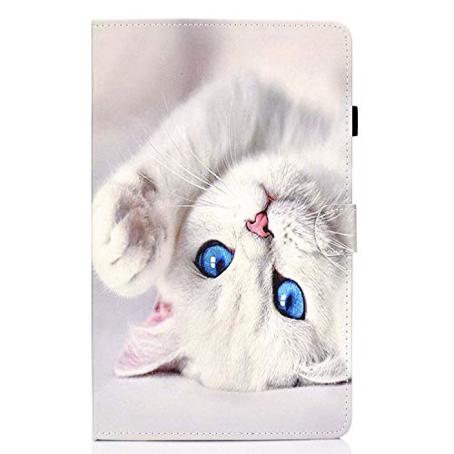 CaseFun Hülle für Samsung Galaxy Tab A 10.1 2019 T510 T515 Weiß Katze PU Leder Tasche Cover Schutzhülle Schale Etui mit Auto Schlaf/Wach Standfunktion von CaseFun