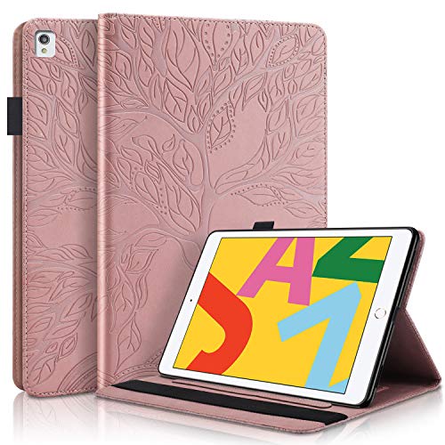 CaseFun Hülle für iPad 10.2 2019 [7th Generation] Baum des Lebens Ultra Slim TPU Schutzhülle Tasche Folio Flip Stand Cover mit Auto Schlaf/Wach Kartenfächern, Roségold von CaseFun