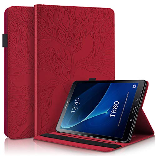 CaseFun Schutzhülle für Samsung Galaxy Tab A 10,1 Zoll SM-T580/T585, Motiv Baum des Lebens, PU-Leder, Flip-Case, mit TPU-Silikon, Kartenschlitz, Rot von CaseFun