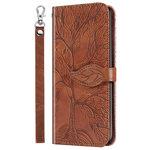 CaseFun xiaomi Poco x3 NFC Hülle, Poco x3 Brieftasche Hülle, Poco x3 NFC Smartphone Life Tree Höhlenmuster Leder Handyhülle Hülle mit Klappständer/Magnetverschluss und Karten Tasche Braun von CaseFun