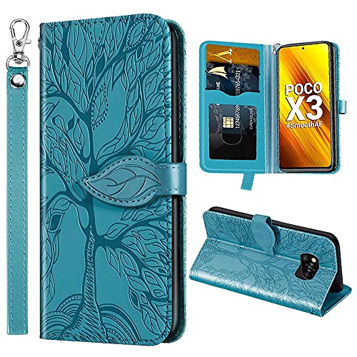 CaseFun xiaomi Poco x3 NFC Hülle, Poco x3 Brieftasche Hülle, Poco x3 NFC Smartphone Life Tree Höhlenmuster Leder Handyhülle Hülle mit Klappständer/Magnetverschluss und Karten Tasche blau von CaseFun