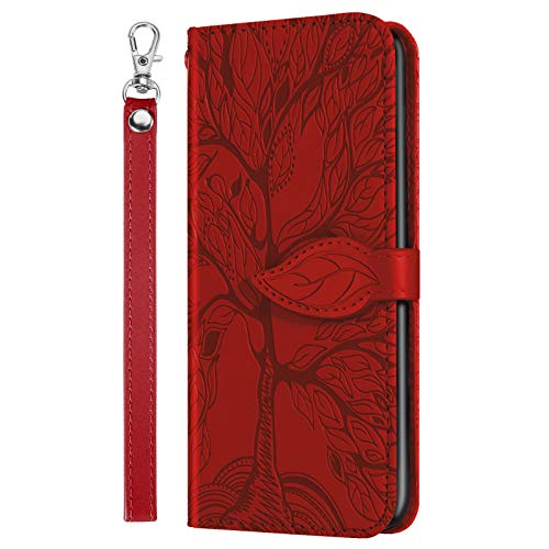 CaseFun xiaomi Poco x3 NFC Hülle, Poco x3 Brieftasche Hülle, Poco x3 NFC Smartphone Life Tree Höhlenmuster Leder Handyhülle Hülle mit Klappständer/Magnetverschluss und Karten Tasche rot von CaseFun