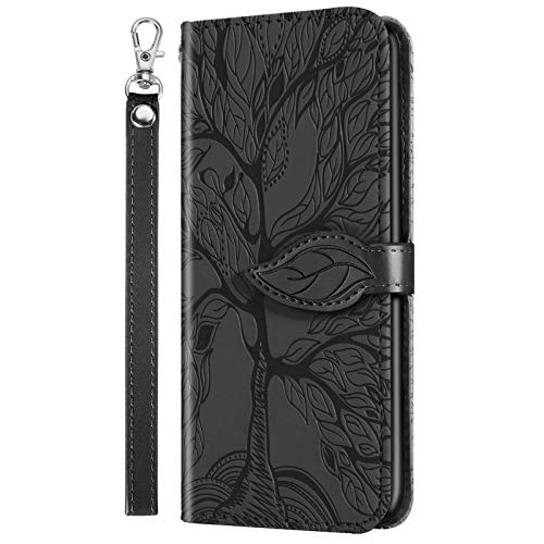 CaseFun xiaomi Poco x3 NFC Hülle, Poco x3 Brieftasche Hülle, Poco x3 NFC Smartphone Life Tree Höhlenmuster Leder Handyhülle Hülle mit Klappständer/Magnetverschluss und Karten Tasche schwarz von CaseFun