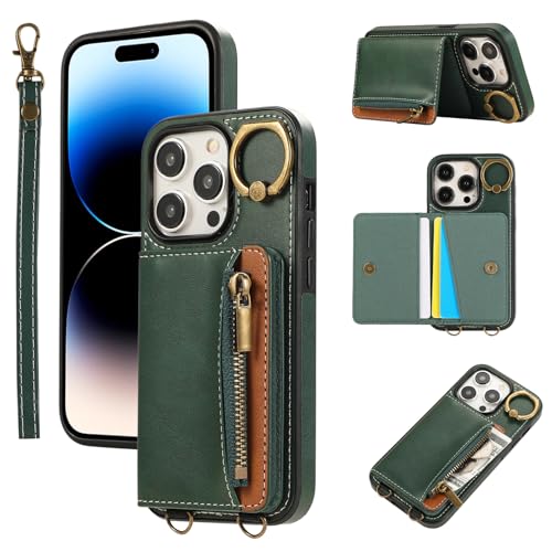 Caselite Schutzhülle für iPhone 16 Pro, Brieftasche, mit Reißverschluss, Kartenhalter, PU-Leder, Ständer, Retro, stoßfest, Schutzhülle mit Ring und Umhängeband, für Damen und Herren, Grün Caselite Schutzhülle für iPhone 16 Pro, Brieftasche, mit Reißverschluss, Kartenhalter, PU-Leder, Ständer, Retro, stoßfest, Schutzhülle mit Ring und Umhängeband, für Damen und Herren, Grün von CaseGame