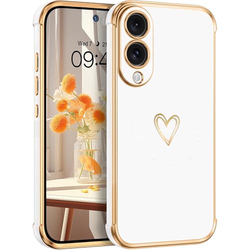 CaseLover Handyhülle für Samsung Galaxy S25 Edge Hülle, Gold Herz Muster Mädchen Galvanisierte Weich Silikon TPU Bumper Case Ultra Dünn Kameraschutz Stoßfeste Schutzhülle für Samsung S25 Edge, Weiß von CaseLover