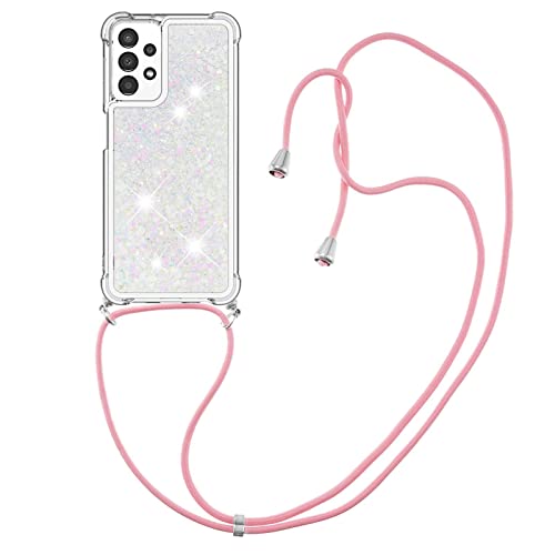 CaseLover Handykette Handyhülle für Samsung A13 4G, Glitzer Flüssig Bewegende Treibsand Transparent Silikon Case mit Kordel zum Umhängen Necklace Hülle mit Band für Samsung Galaxy A13 4G, Silber Rosa von CaseLover